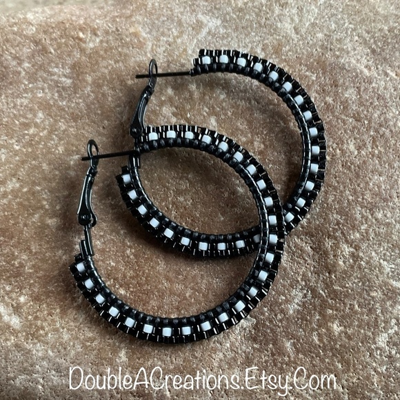 Black and White 1 1/4” Beaded Hoops, New, Handmade by Me - Picture 6 of 8